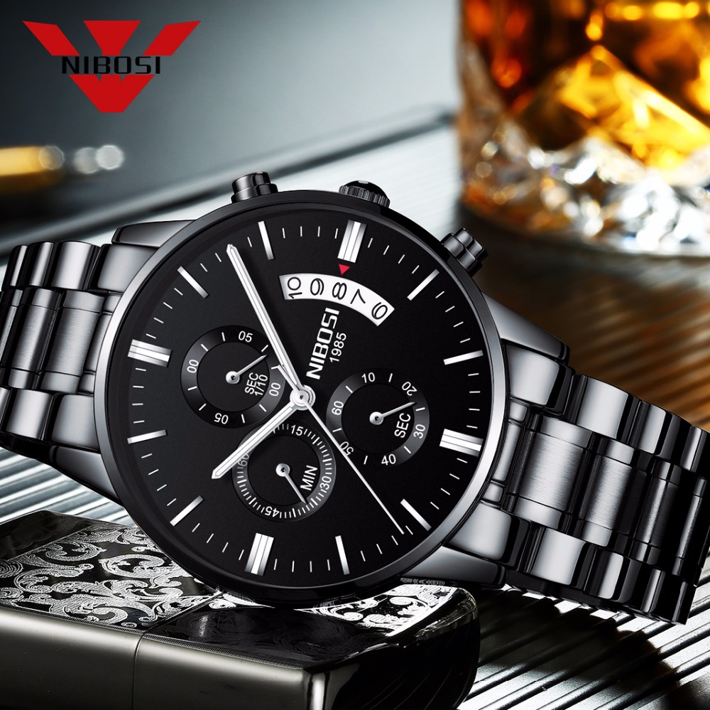 NIBOSI Stainless Steel Black Q - Luxury Watch All Black のレビューと価格