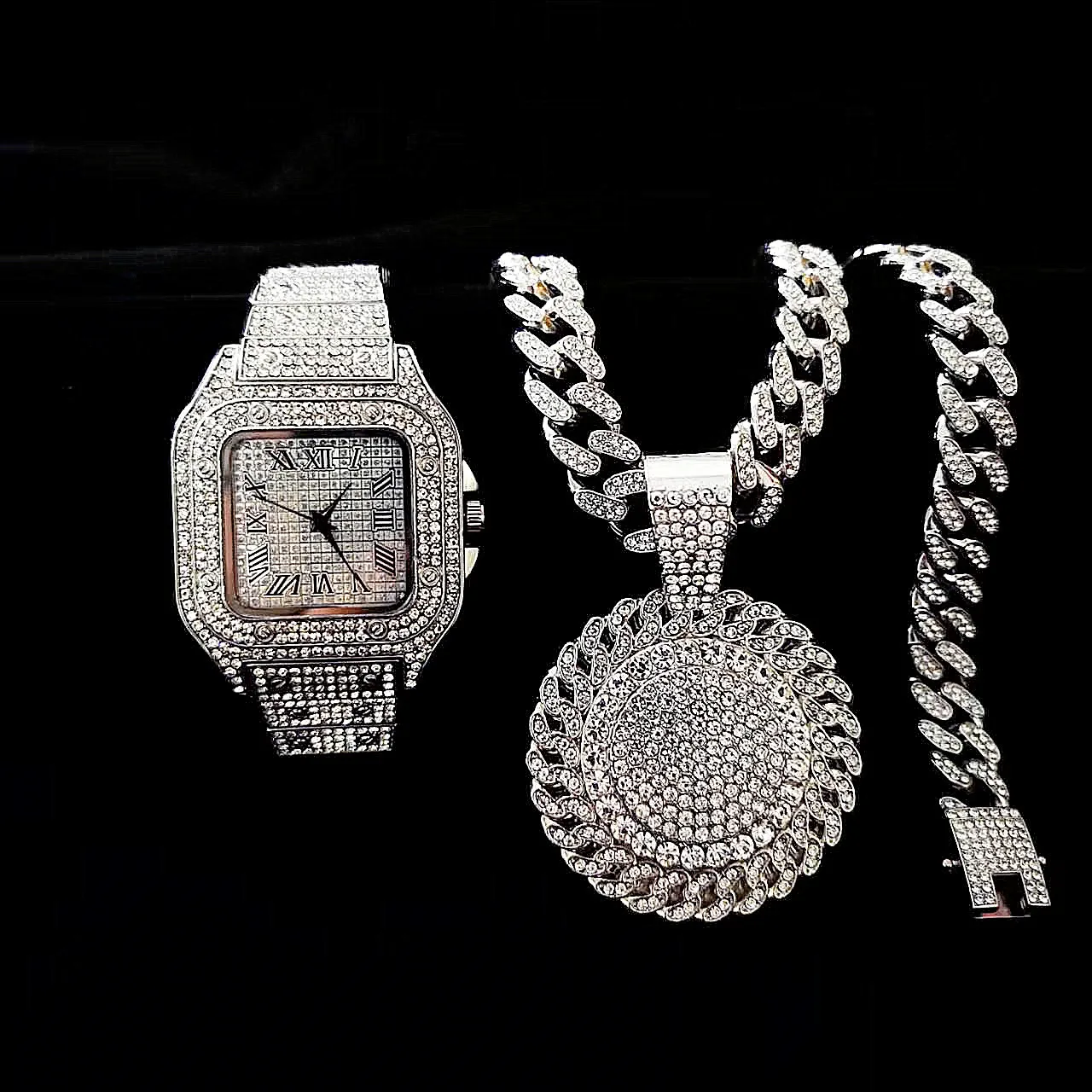 2pcs Iced Out Watches Necklace - Luxury Watch Miami のレビューと価格